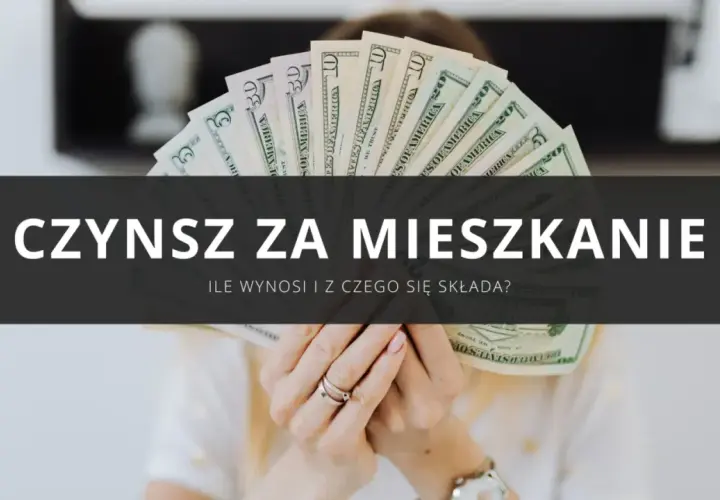 Dłonie trzymające wachlarz banknotów dolarowych na tle tekstu "CZYNSZ ZA MIESZKANIE".