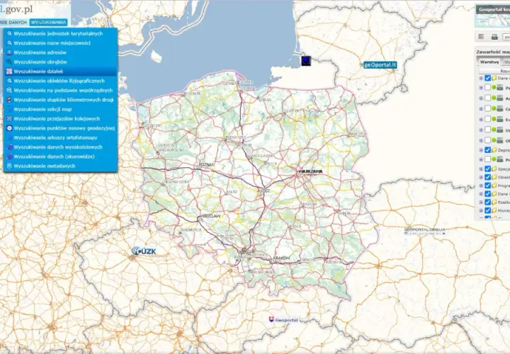 Mapa Polski z menu wyszukiwania działek na Geoportalu.